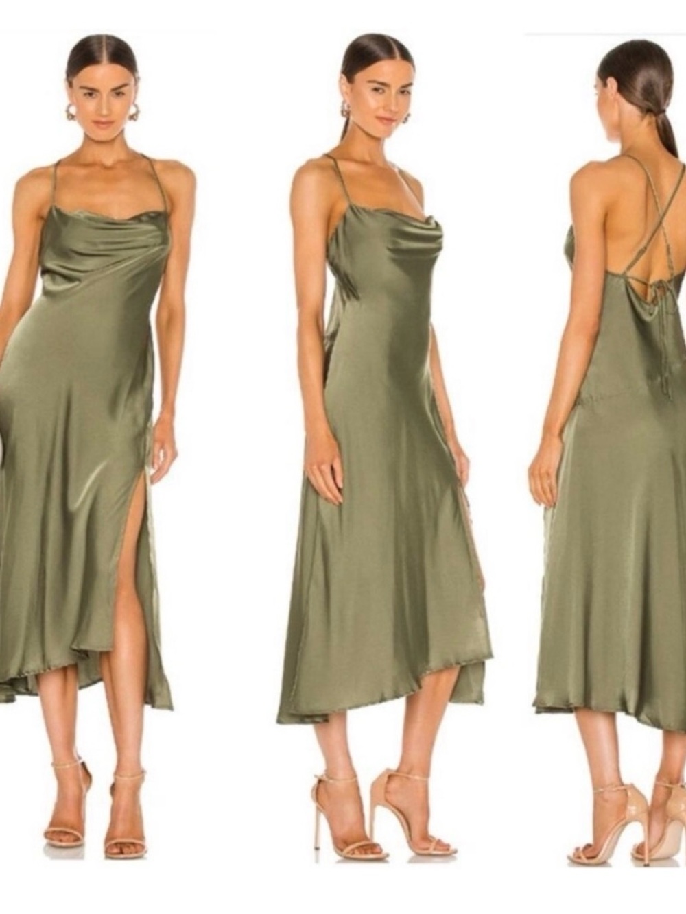 Astr Olive Satin Cowl Neck Midi Slip Dress